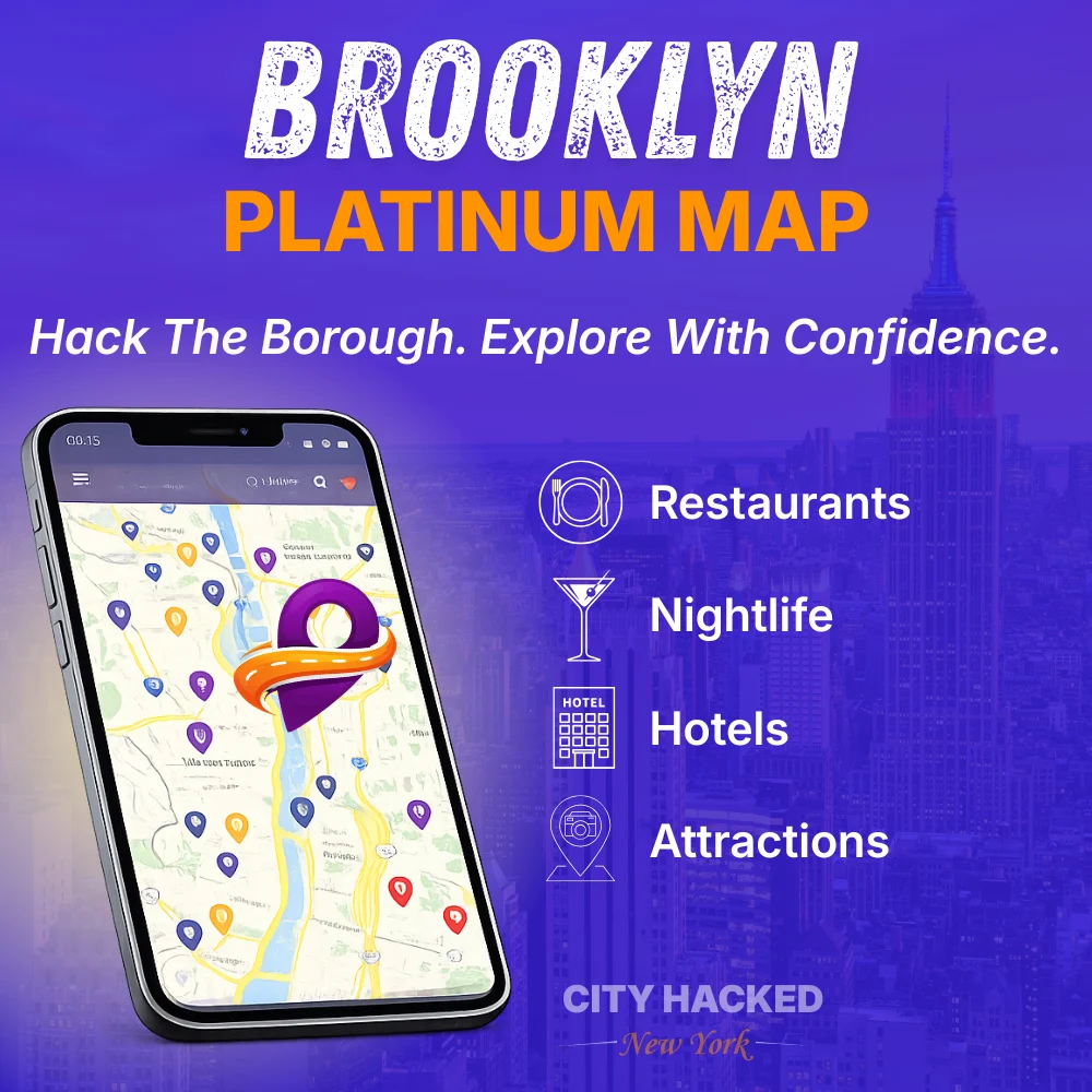 Brooklyn Platinum Map showcasing the best restaurants, hotels, attractions, and nightlife in Brooklyn, NY