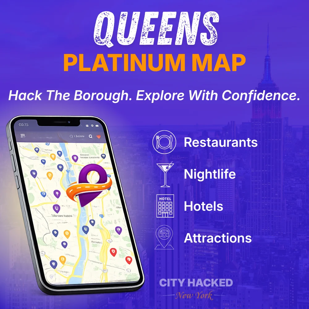 Queens Platinum Map showcasing the best restaurants, hotels, attractions, and nightlife in Queens, NY
