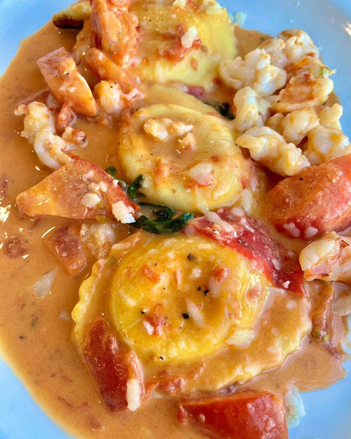 Close-up of a dish with ravioli and shrimp in a sauce at Enzo's Of Williamsbridge, Pelham Bay.