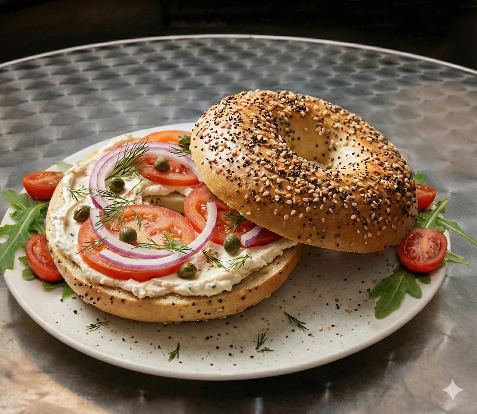 Madman Espresso 11 Ave featured image A bagel with cream cheese, tomato slices, red onion, capers, and dill on a metal table at Madman Espresso, Hudson Yards.