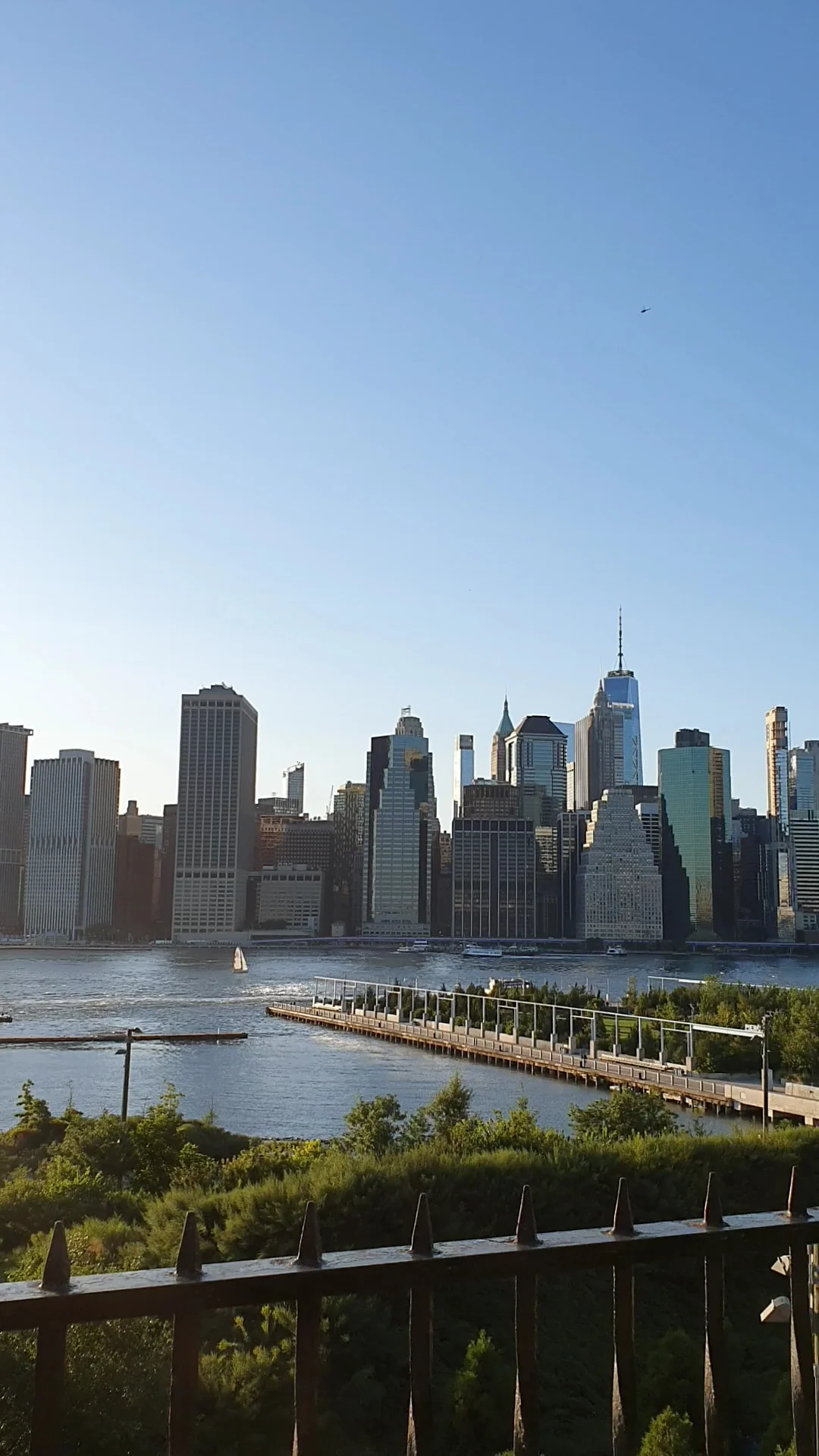 Skyline view from Brooklyn Heights Promenade, Brooklyn Heights. Tall buildings under a clear blue sky.