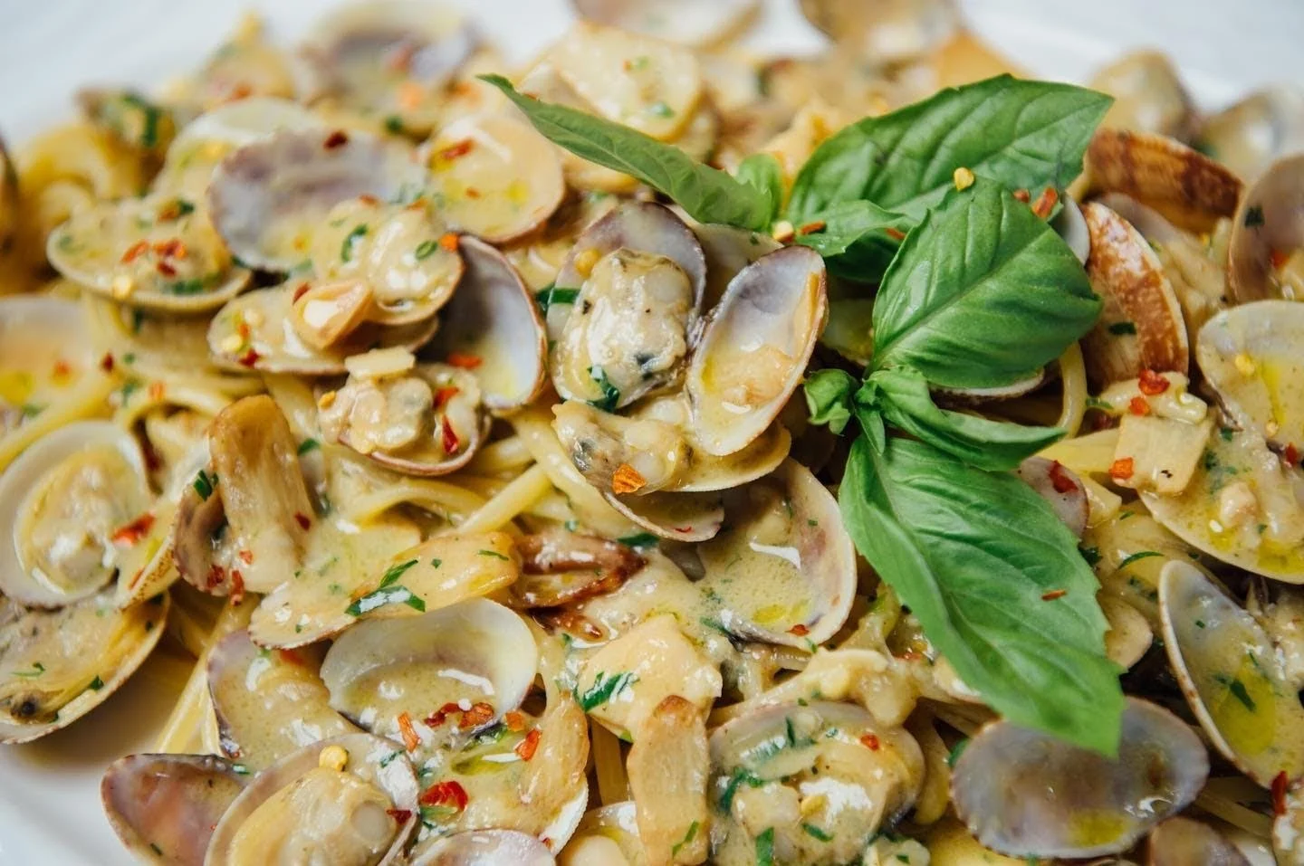 Close-up of a pasta dish with clams and basil at Rustic Pizza & Pasteria, Grant City, Bronx NYC.