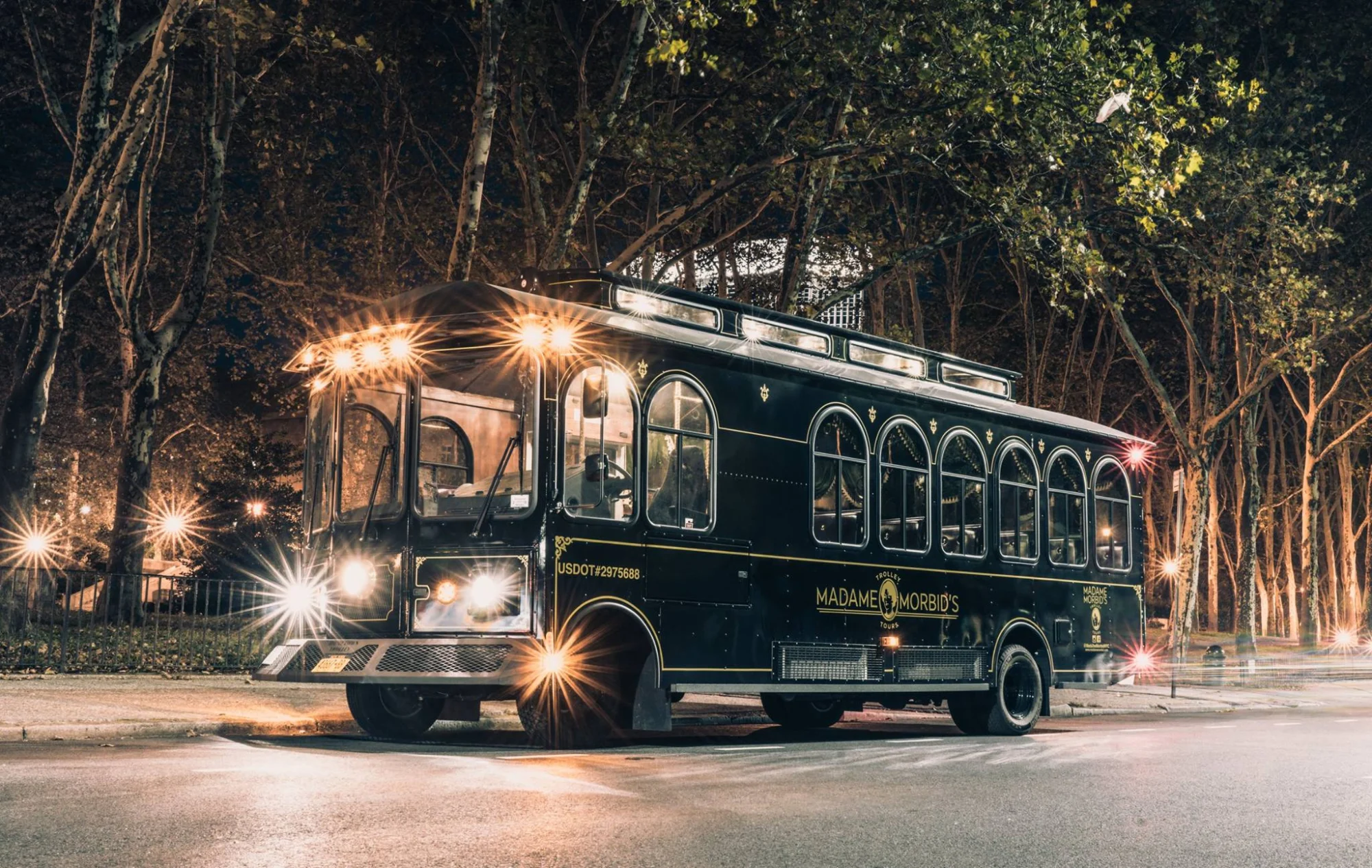 Madame Morbid's Trolley Tours featured image Madame Morbid's trolley parked on a street at night, illuminated by streetlights in Williamsburg, Bronx NYC.