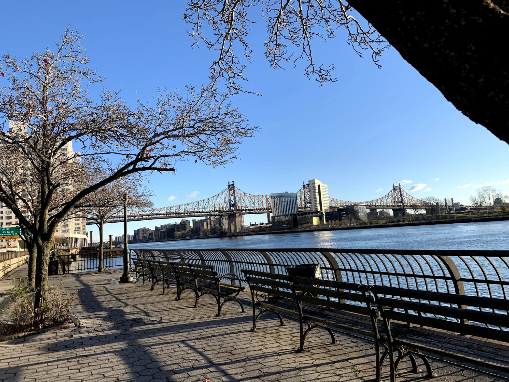 View of benches along the East River with the Queensboro Bridge in the background at Peter Detmold Park, Turtle Bay.