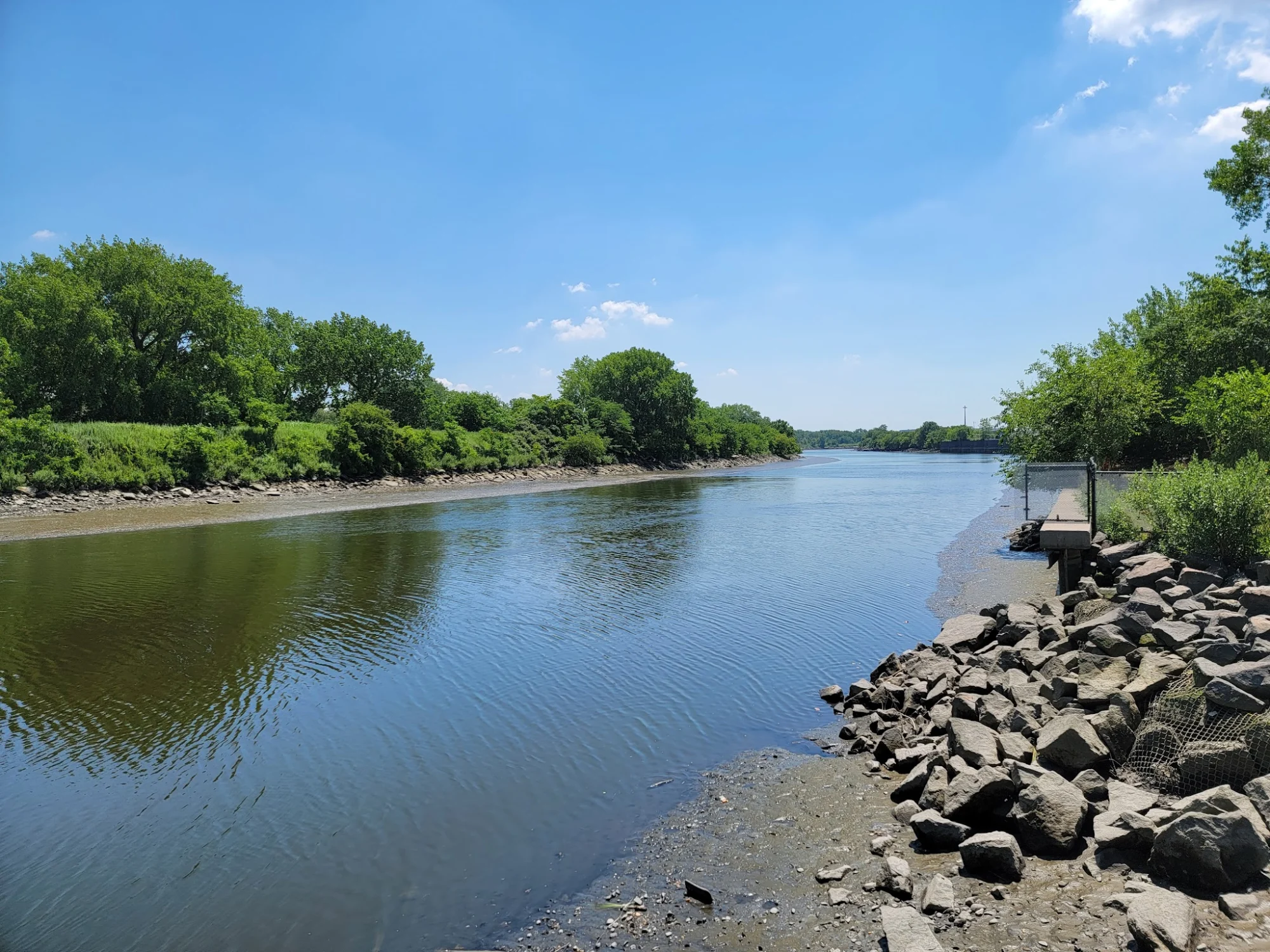 Hunts Point Riverside Park featured image River view at Hunts Point Riverside Park, Bronx, NYC with trees lining the water under a clear blue sky.
