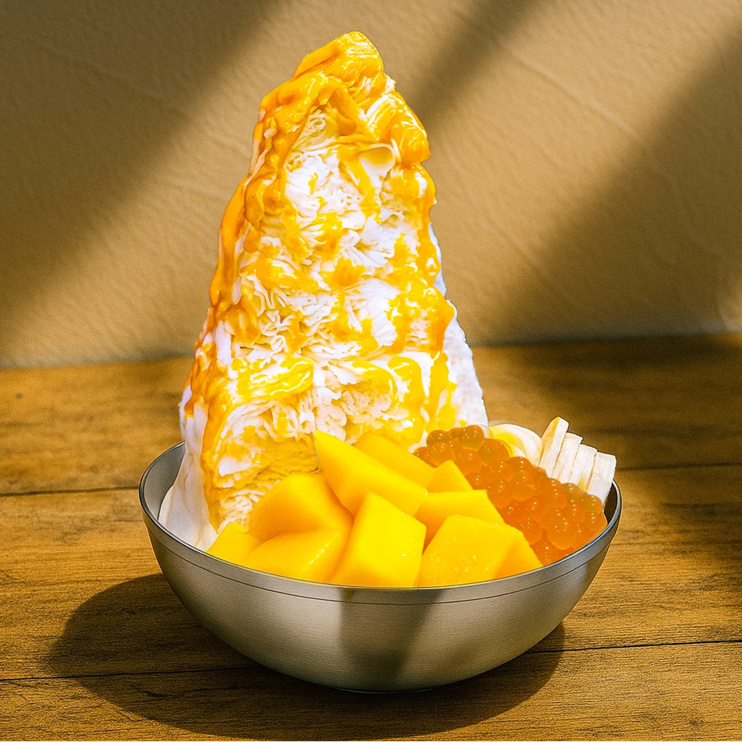 Close-up of a dessert with mango chunks, banana slices, and a tall ice cream mound drizzled with sauce at Grace Street Coffee & Desserts, Koreatown.