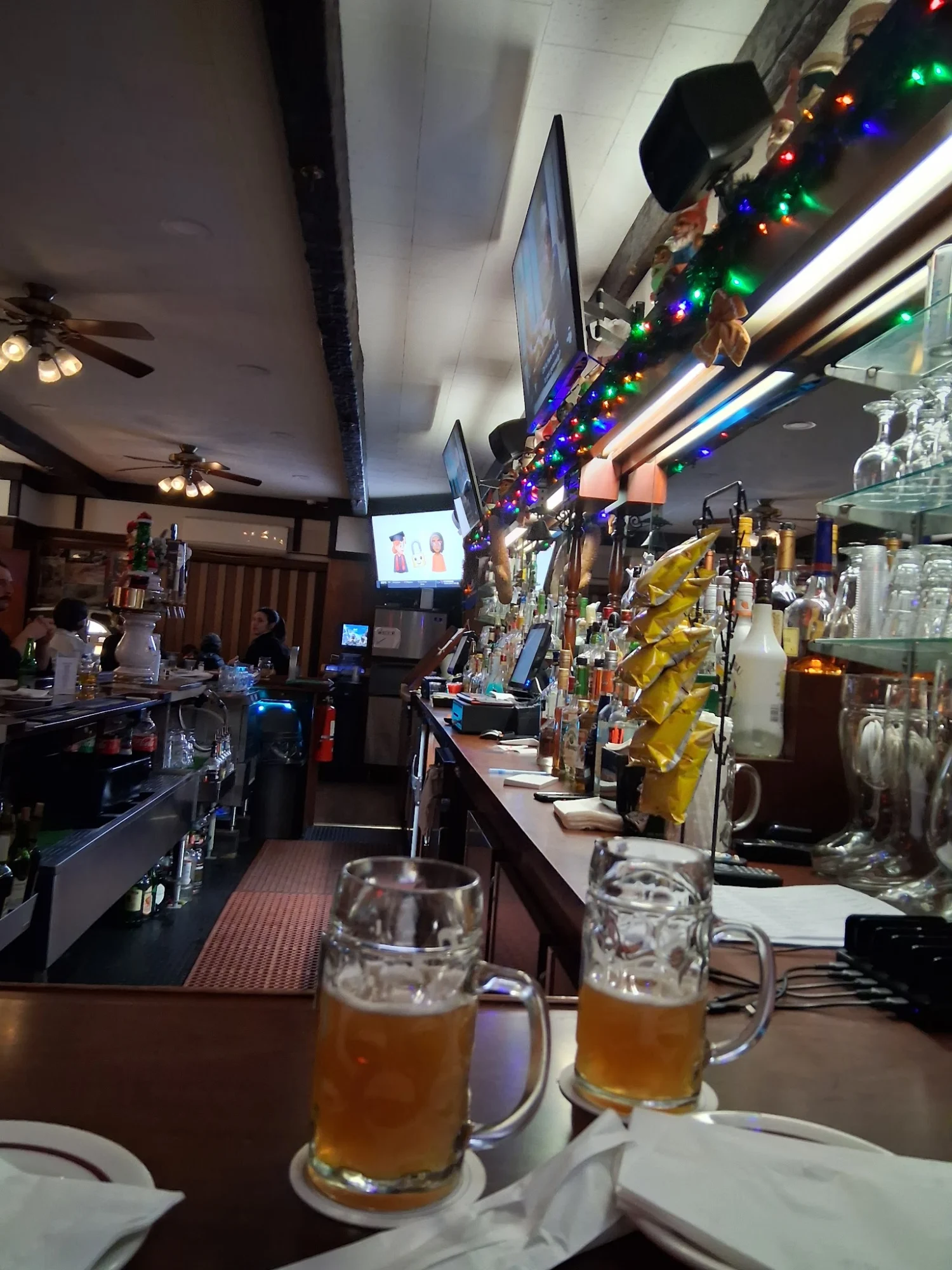 Interior of Gottscheer Hall, Ridgewood, Bronx NYC, showing a bar with mugs of beer, festive lights, and patrons.