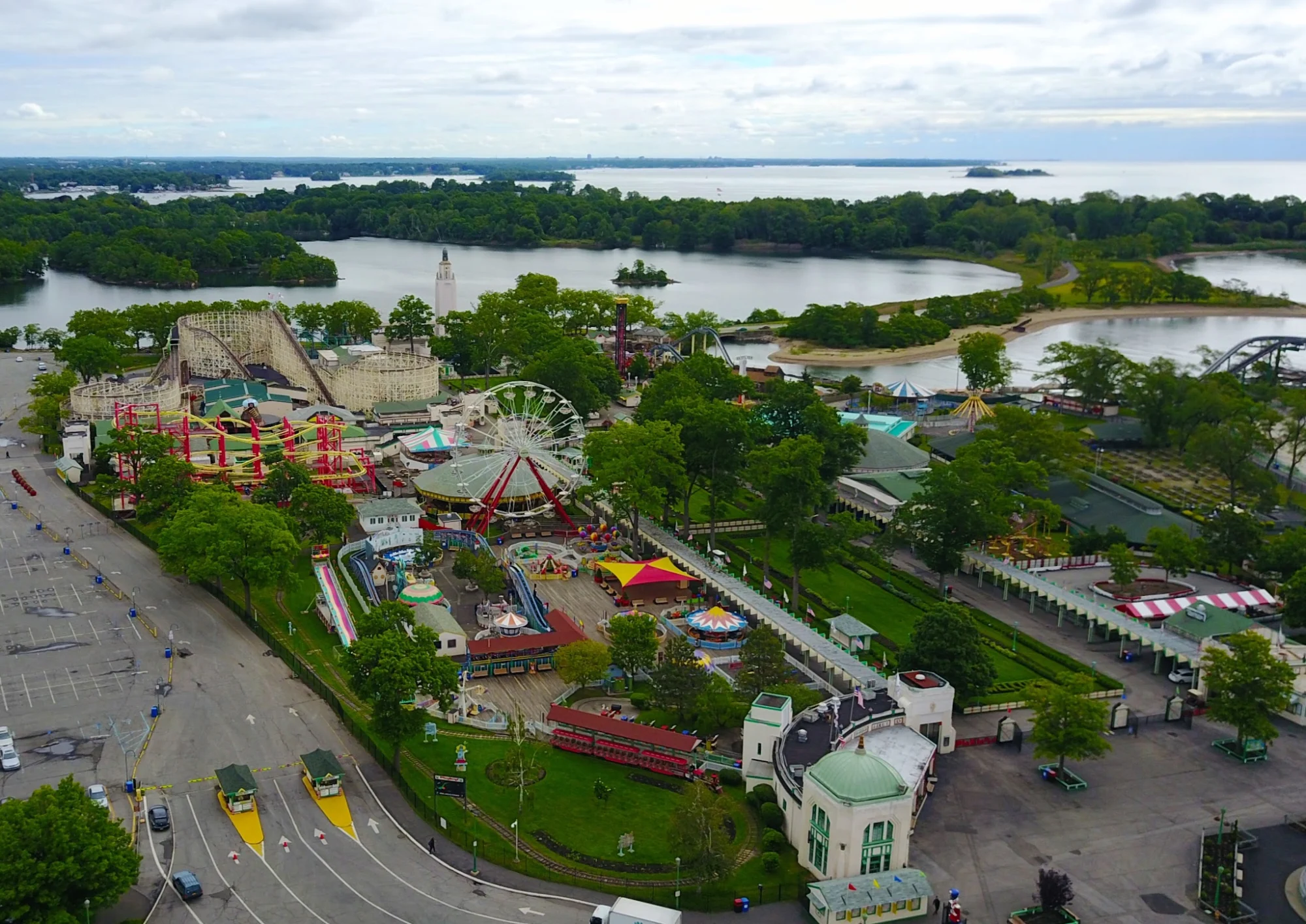 Playland Park featured image Aerial view of Playland Park showing rides, paths, and surrounding water.