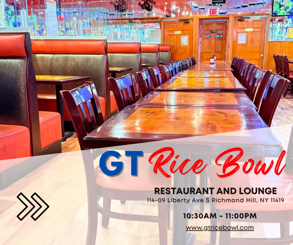 GT Rice Bowl featured image Interior of GT Rice Bowl in South Richmond Hill with wooden tables and red upholstered chairs.