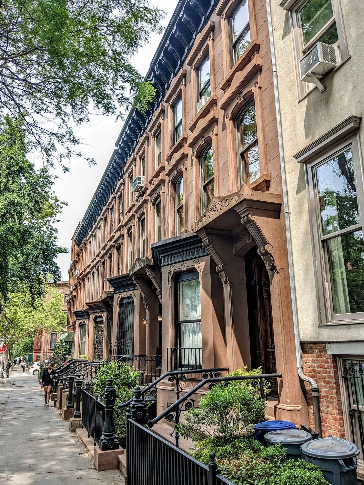 Row of historic brownstone buildings with ornate facades in Prospect Heights Historic District, Bronx NYC.