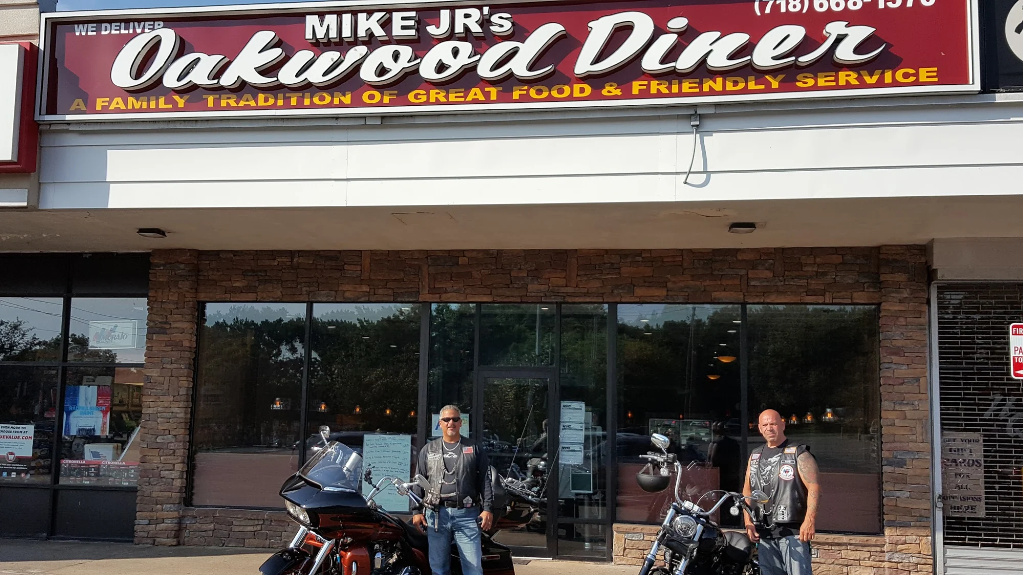 Oakwood Diner featured image Oakwood Diner entrance with signage and two motorcycles parked outside in Oakwood, Bronx NYC.